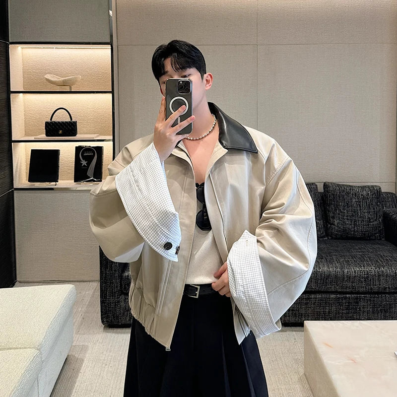 Spring 2025 Men's Cotton Flannel Jacket with Collar Patchwork Color Block Plaid Loose Fit Long Sleeve Zipper Closure Outerwear