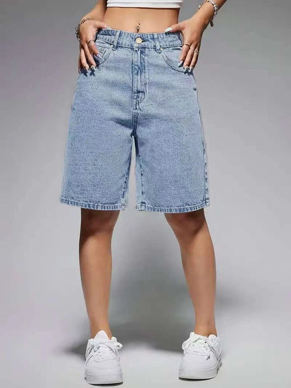 Light blue high-waisted denim shorts