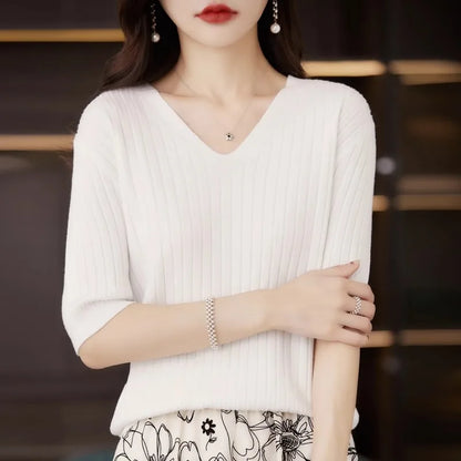Women's Sweater Spring Summer Short Sleeve V-neck Knit Shirt Casual Pullovers Stripe Bottoming Shirt Slim Fit Jumpers