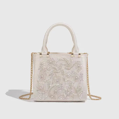 Elegant Soft Pearl Embroidery Fashion Handbag Silk Cheongsam Evening Clutch Chain Shoulder Bag Urban Minimalist Style Tote Chic
