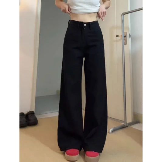 Womens Jeans Black Slim Wide Leg High Waist Spring New Womens Pants Stretchy Straight Long Trousers Flare Tummy Control