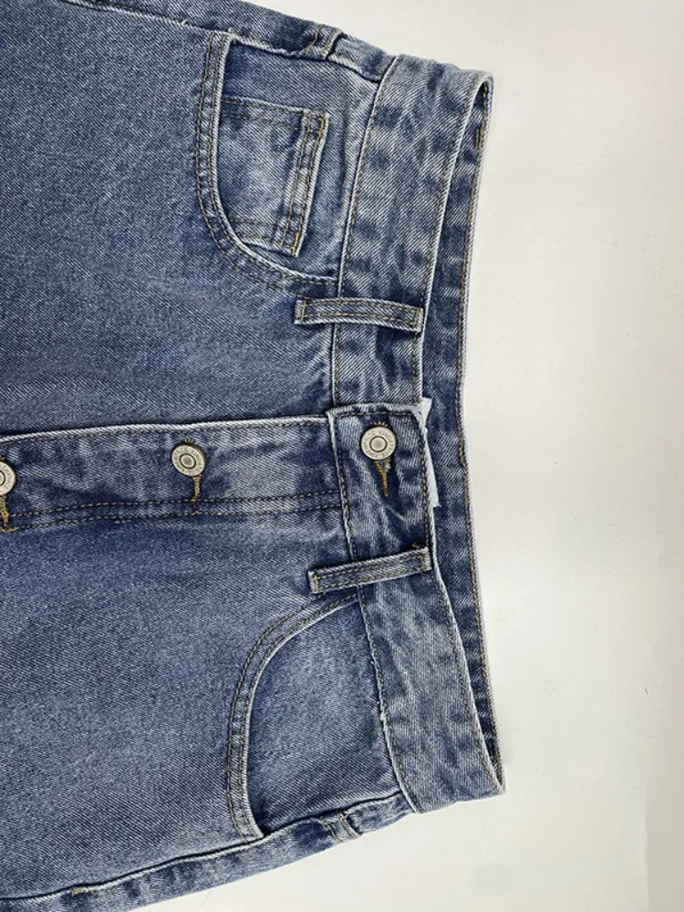 2026 New Women's Wide Leg Denim Pants Vintage Blue Washed Single-Breasted High Waist Retro Loose Jeans Casual Streetwear Bottoms