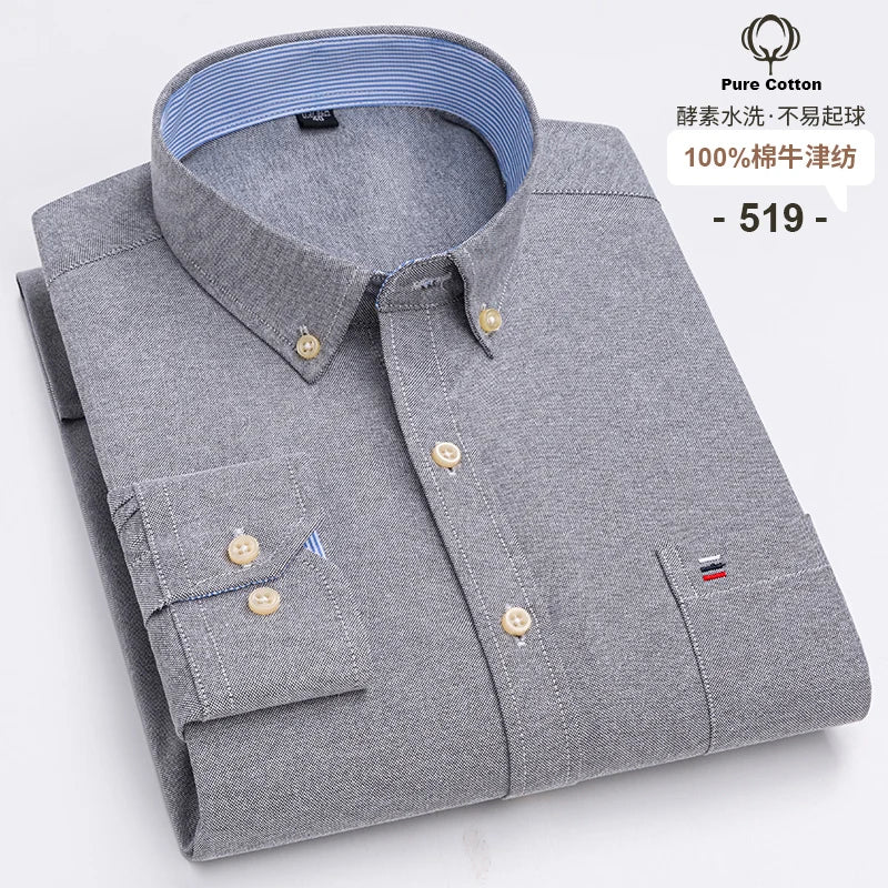 Men's Social Shirts Long Sleeve 100%Pure Cotton Oxford Buttoned Plaid Formal Male Casual Clothes Oversized Shirt Plus Size S-7XL