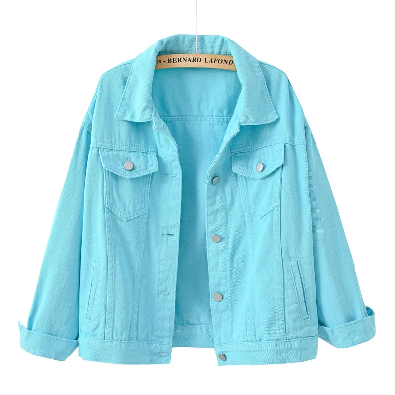 Solid Short Women's Denim Coat Spring Autumn Female Loose Jeans Jacket Purple Student Casual Outwear White Pink Yellow Red Black