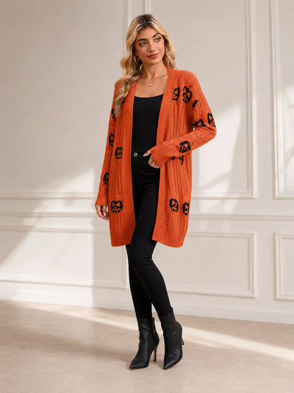 Women Halloween Open Front Cardigan, Pumpkin Face Jacquard Knit Long Sleeve Cardigan, Loose V‑Neck Mid‑Length Sweater Coat with Pockets