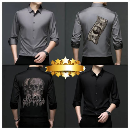 2026 Spring Autumn Luxury Men Streetwear Shirt Shiny Rhinestone Design Loose Natural Silk Casual Long Sleeve Shirt