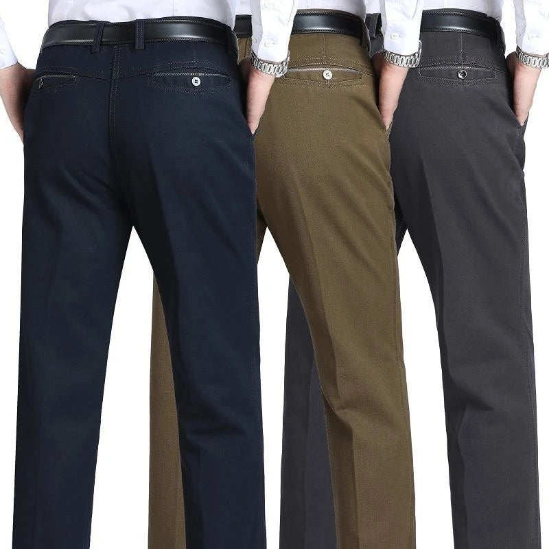 Men's Office Business 100% Cotton Pants Summer Thin & Autumn Thick High Waist Straight Loose Solid Bland Suit Slacks GOZBKF