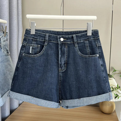 Summer New Plus Size Jeans Women's Wear 100KG Casual high-waisted rolled-up Denim Shorts Hot Pants 6318