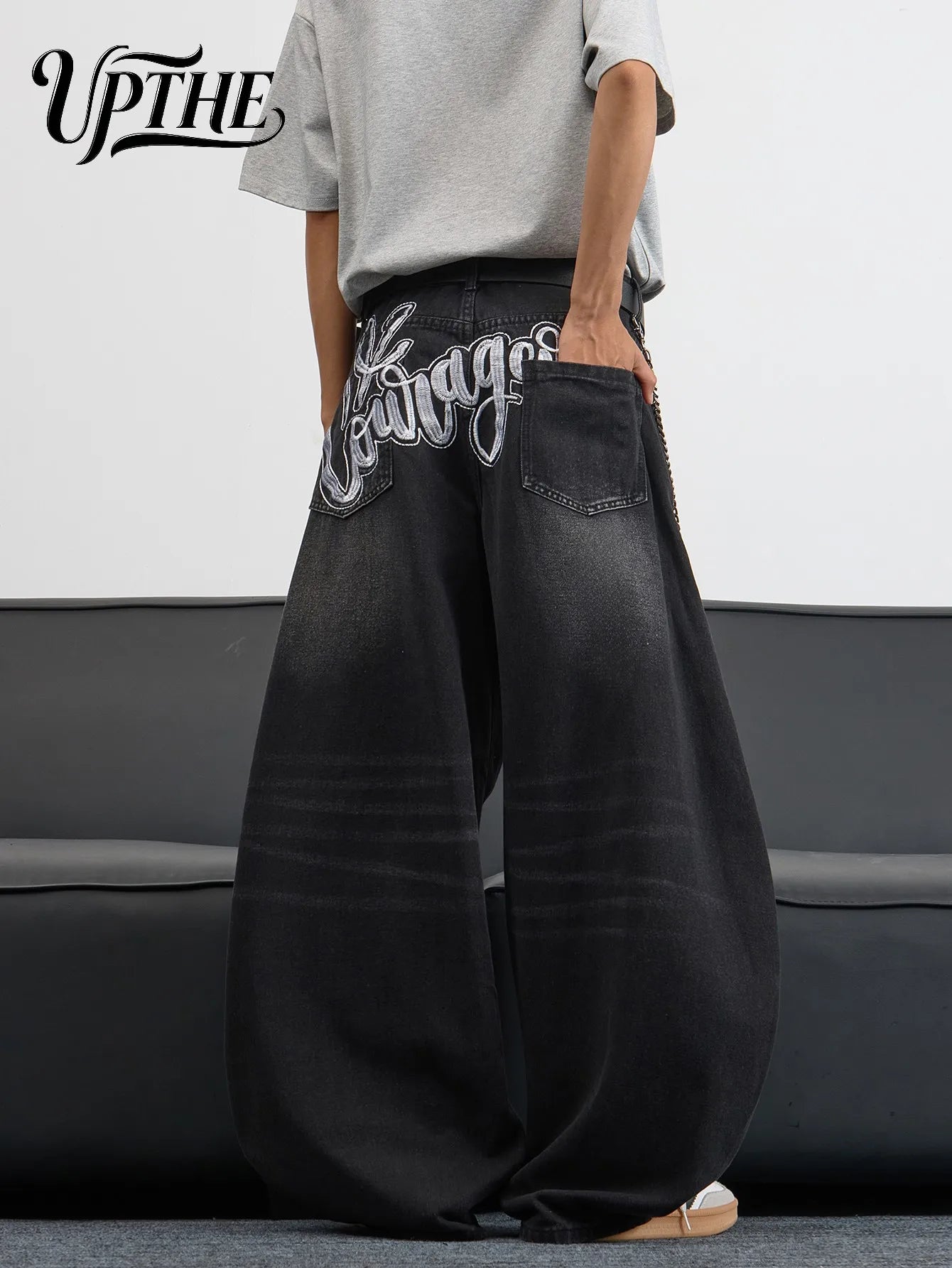 UP.THE Men's Black Baggy Wide Leg Jeans, Y2K Hip Hop Streetwear Denim Pants with Back Embroidery,