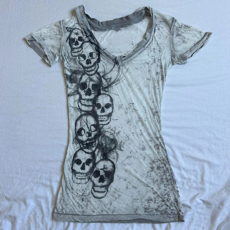 Graphic Tie Dye V Neck Crop Tops Y2K E-girl Gothic Grunge Skull Print Tshirt 2000s Retro Emo Short Sleeve Slim Fit Tees Clothes