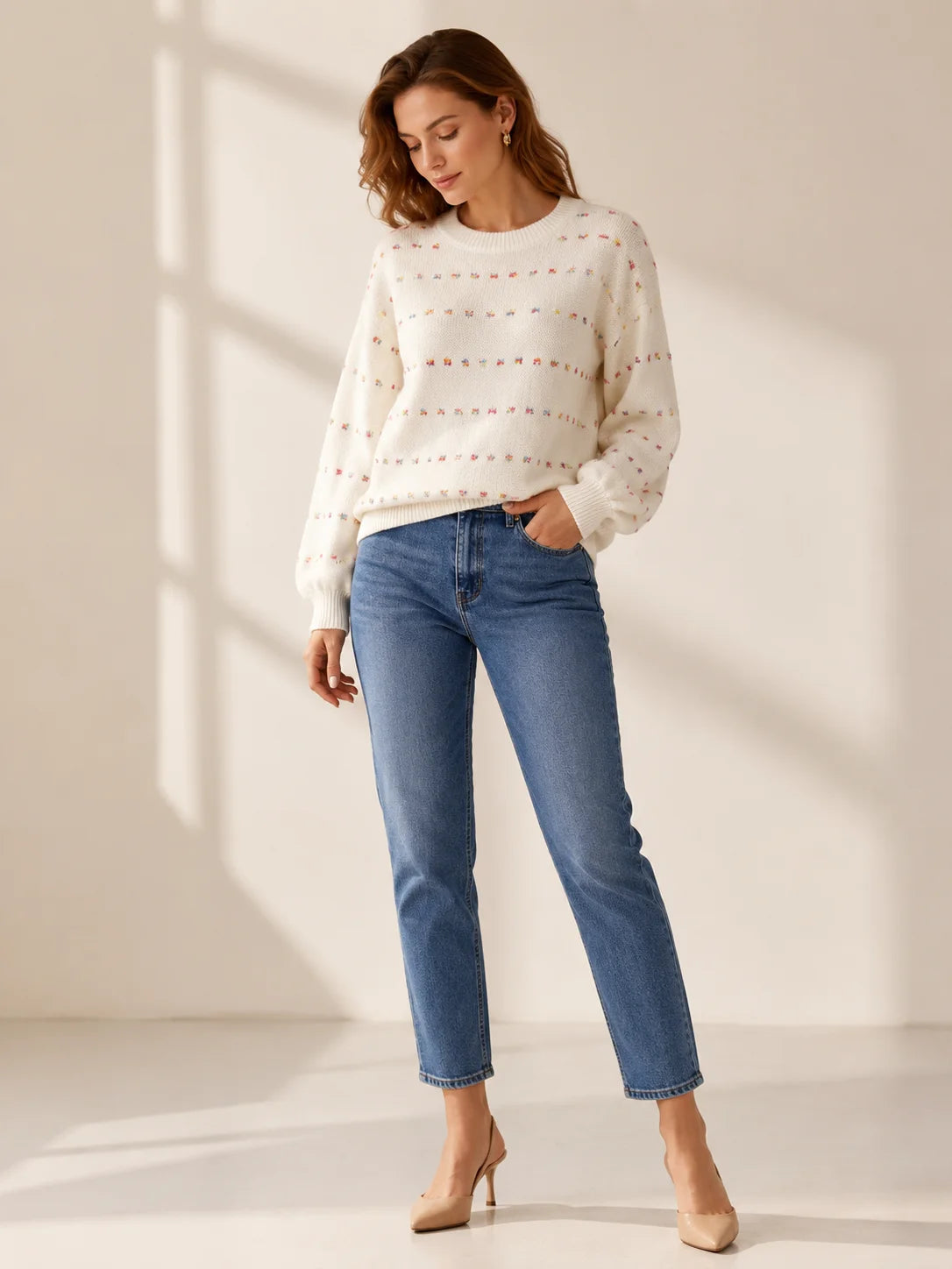 Women Colorful Confetti Dot Knit Sweater, Crew Neck Drop Shoulder Long Balloon Sleeve Loose Casual Pullover Sweater for Fall Winter Daily Streetwear