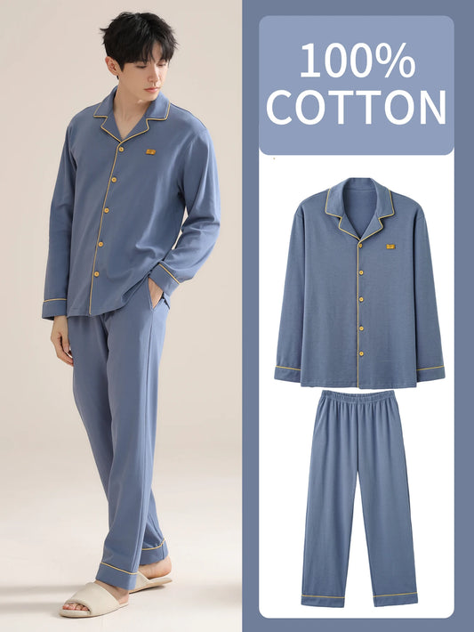 Men's 100% cotton long sleeved four season plus size men's sleepwear
