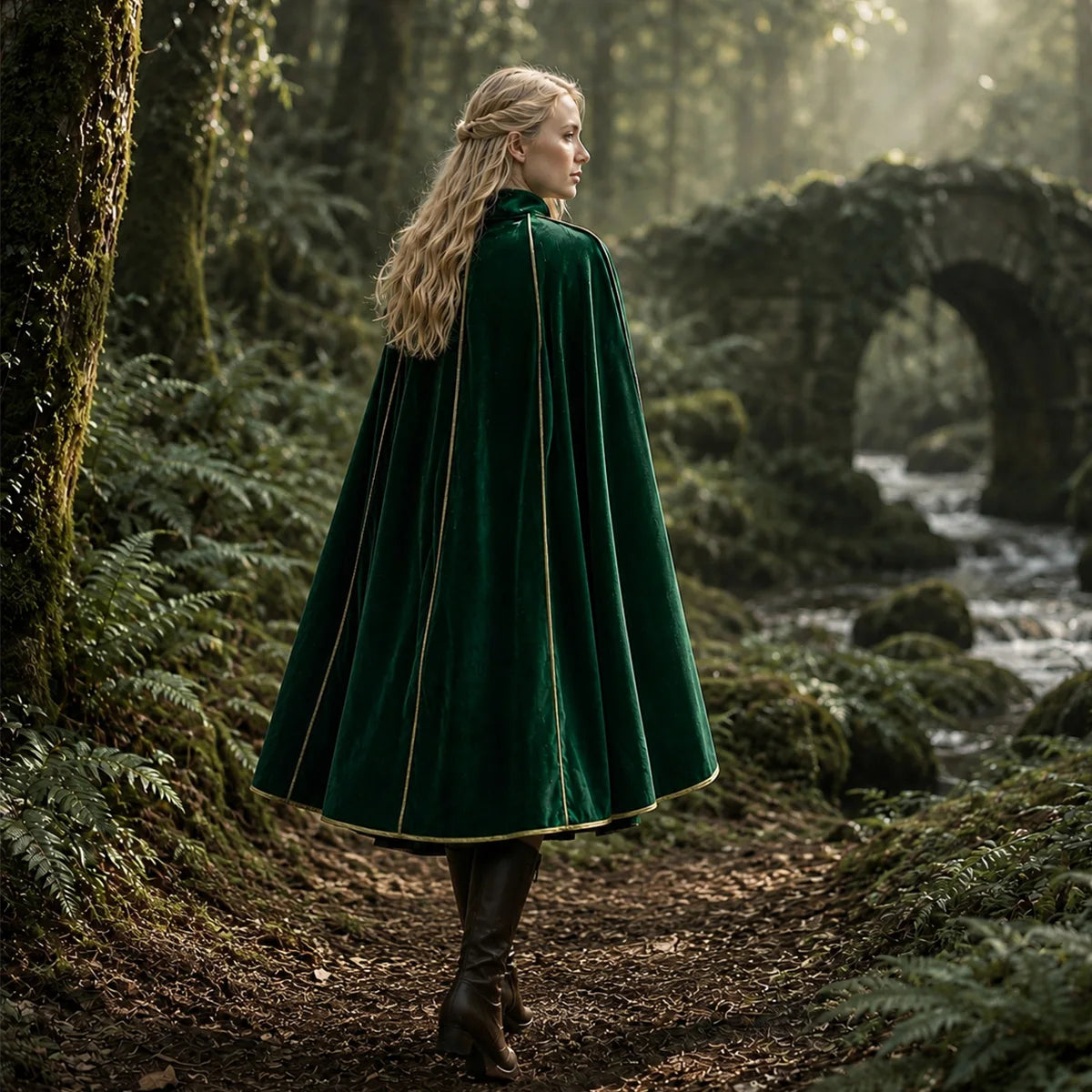 Women Medieval Cloak Adult Renaissance Victorian Deluxe Stand Collar Velvet Gold Trim Cape Halloween Cosplay