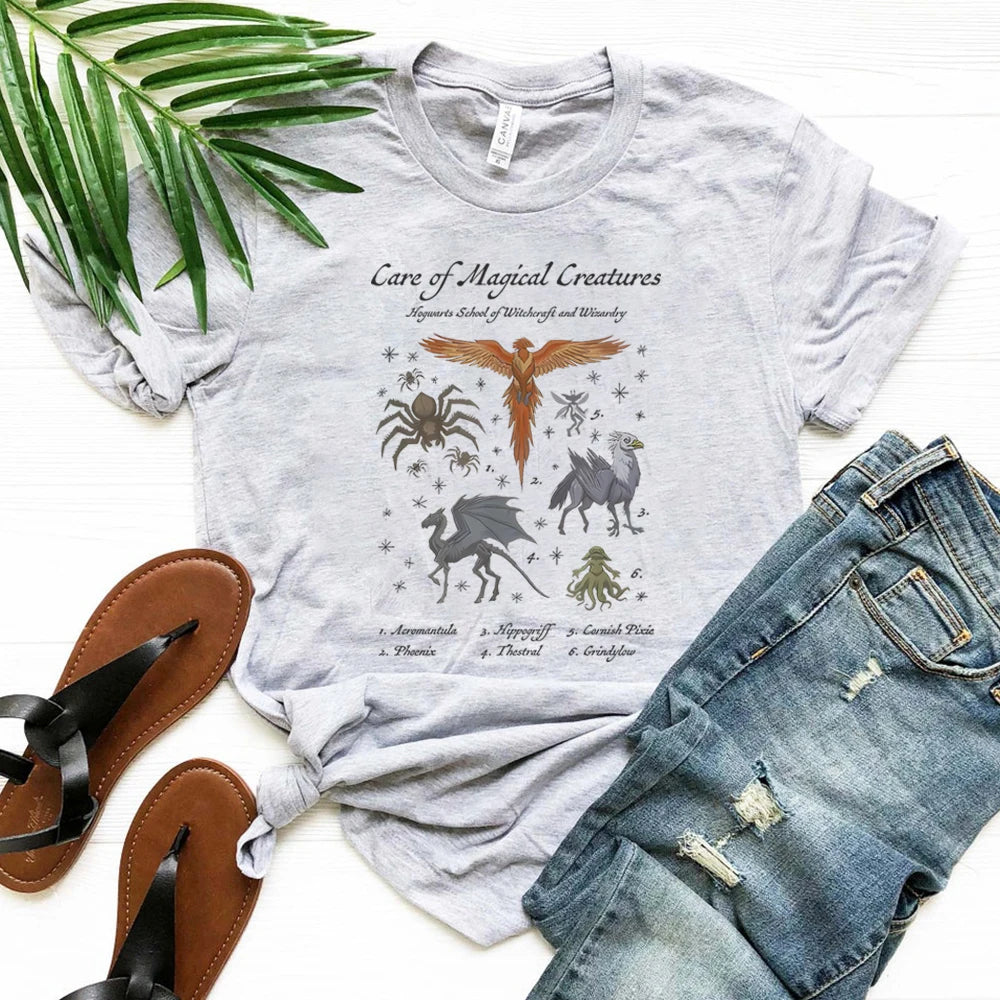 Vintage Magic School T-shirt Magical Creatures Graphic Tee Wizarding World Shirt HP Magic Movie Aesthetic Clothes Bookish Tshirt