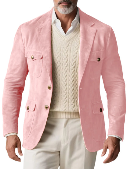 1970s Men's Suede Blazer Retro Slim Fit Two Buttons Multi Pocket High Quality Jacket Fashion Casual Sport Coat For Daily Wear