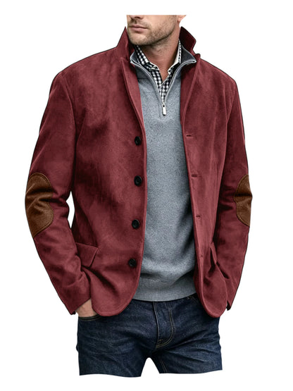Vintage Men's Suede Blazer Notch Lapel Elbow Patches Slim Fit Jacket Business Casual Men Fashion Outerwear for Spring Autumn