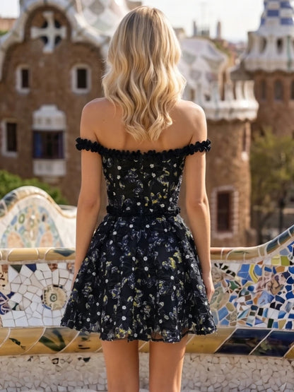 Sexy Off The Shoulder Floral Embroidery Mini Dress Women Ruffles Sleeveless Backless Flowers A-line Dresses Evening Party Gowns