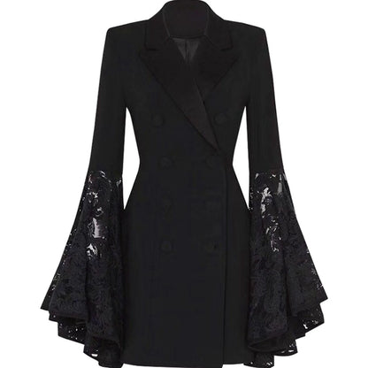 Women'S Black Fashionable Jacket Horn Lace Patchwork Long Sleeved Small Suit Jacket Slimming Waist Warm Work Clothes Women