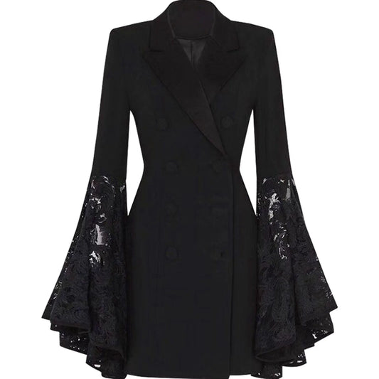 Women'S Black Fashionable Jacket Horn Lace Patchwork Long Sleeved Small Suit Jacket Slimming Waist Warm Work Clothes Women