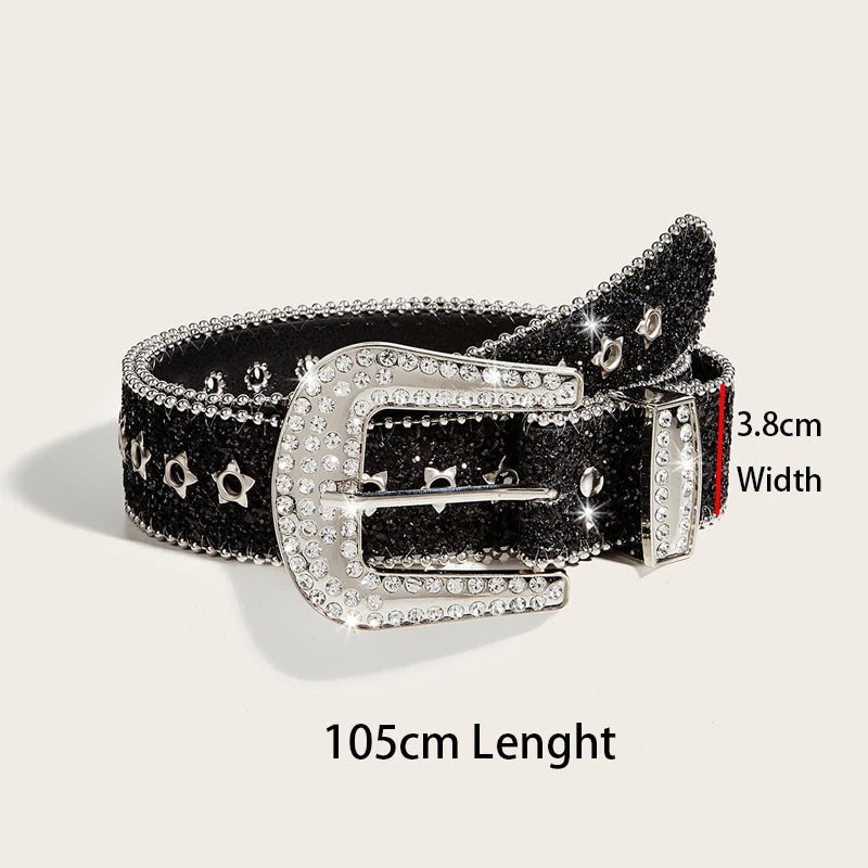 Gothic Black Silver Metal Buckle Rhinestone Belt Luxury Desiner Four Seasons Y2K Womens Jeans Belt Plus Size Men's Waistband