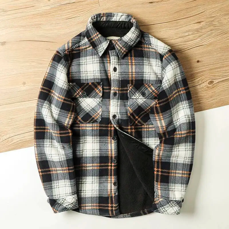 Winter Men's Plaid Flannel Shirts Thick Fleece Jacket Quilted Lined Long Sleeve Lamb Wool Checkered Shirt