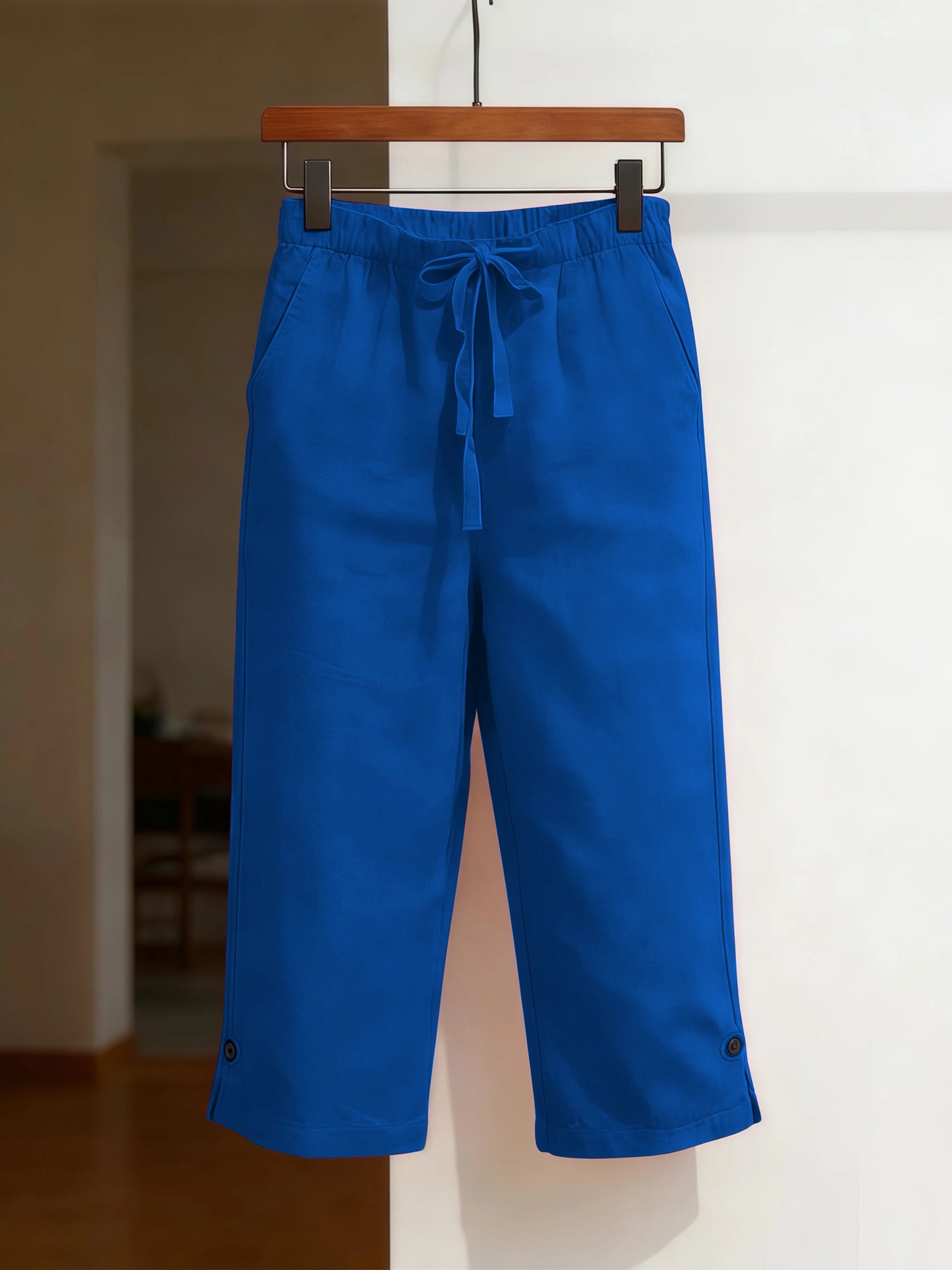 Women's Solid Color Cotton Linen Loose Fit Capri Pants with Belt and Multiple Pockets Front and Back