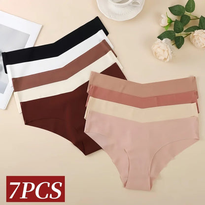 7Pcs/Set Women's V-Waist Panties Seamless Low-Waist Bikin Briefs Ladies Sexy Lingerie Ice Silk No Show Invisible Underwear XS-XL
