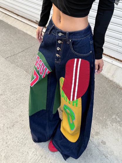 American Retro Alphanumeric Cartoon Printed Button-Down Design Cocoon Jeans, Y2K Street Hip-Hop Fashion Versatile Wide-Leg Pants For Women