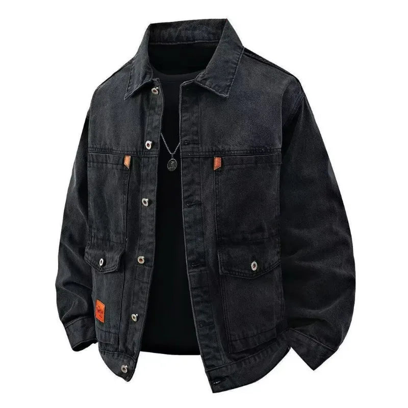 Spring Autumn Men Denim Coat Simple Solid Color Turn Down Collar Male Outerwear Single-breasted Long Sleeve Casual Man Jacket