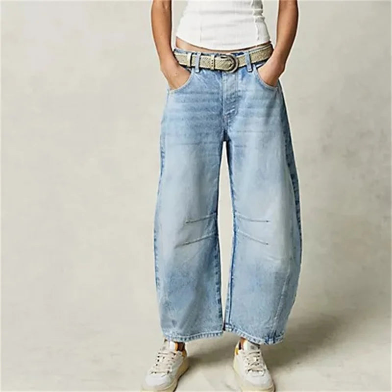 Women Vintage American Style Denim Jeans New Knee Splicing Design Straight Pants Female Commuter Casual Loose Mid Waist Trousers