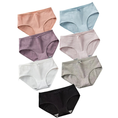 7Pcs/Set Women Cotton Ribbed Panties Mid-Rise Briefs with Bow Detail Comfort Breathable Underwear Sexy Lingerie Intimates M-XL