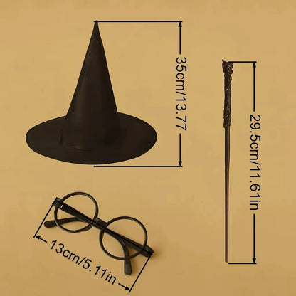 Halloween Wizard Costume Accessory Set Black Witch Hat Round Glasses Magic Wand Cosplay Props for Harry Potter Themed Party Fanc