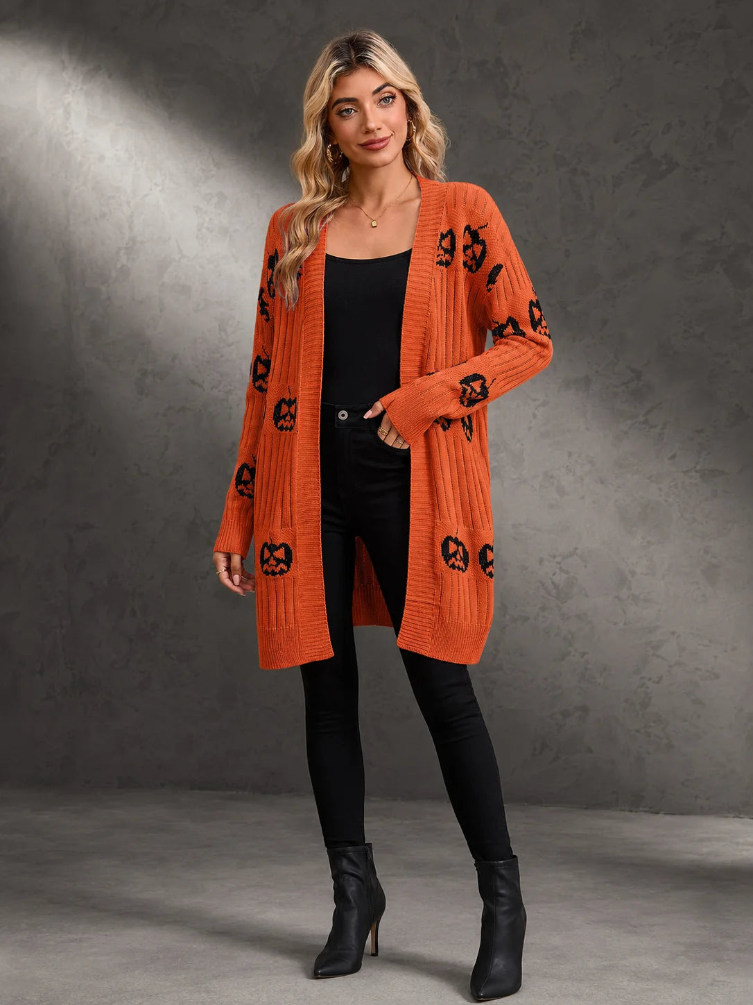 Women Halloween Open Front Cardigan, Pumpkin Face Jacquard Knit Long Sleeve Cardigan, Loose V‑Neck Mid‑Length Sweater Coat with Pockets