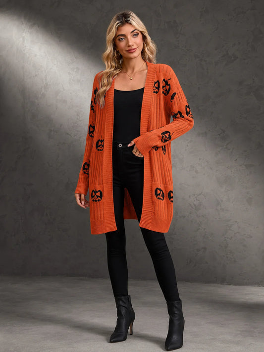 Women Halloween Open Front Cardigan, Pumpkin Face Jacquard Knit Long Sleeve Cardigan, Loose V‑Neck Mid‑Length Sweater Coat with Pockets