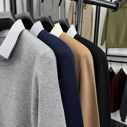 Men's 500g Wool-Blend Knit Sweater - Camel Fake Layered Collar (Black/Navy/Light Gray) Vintage Business Casual Style