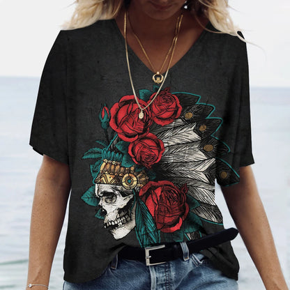 Skulls T-shirt Women's Shirt Fashion Short Sleeve New Casual Top Tee Ladies Girl Clothing V Neck T Shirt For Women