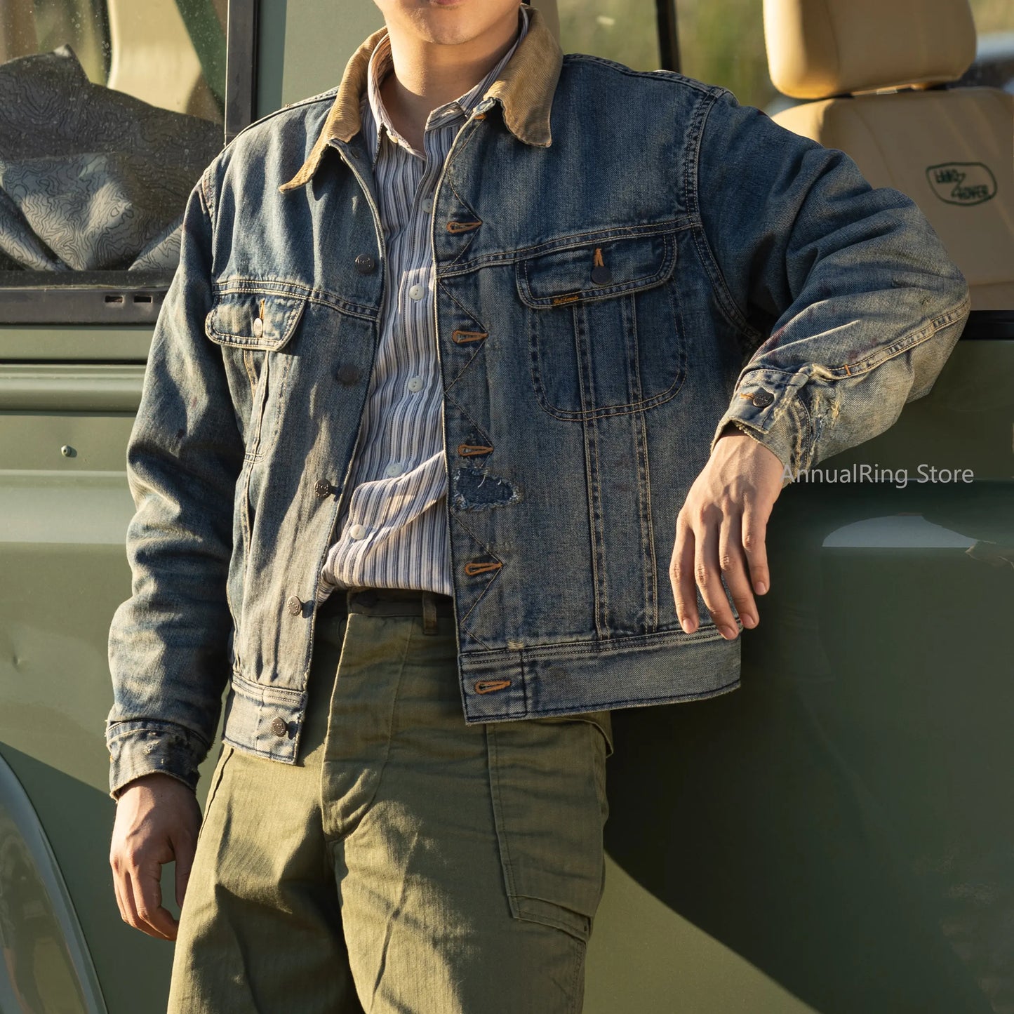Red Tornado Distressed Denim Jacket with Blanket Lining Vintage Wash Motorcycle Style Crop Rider Trucker Jacket