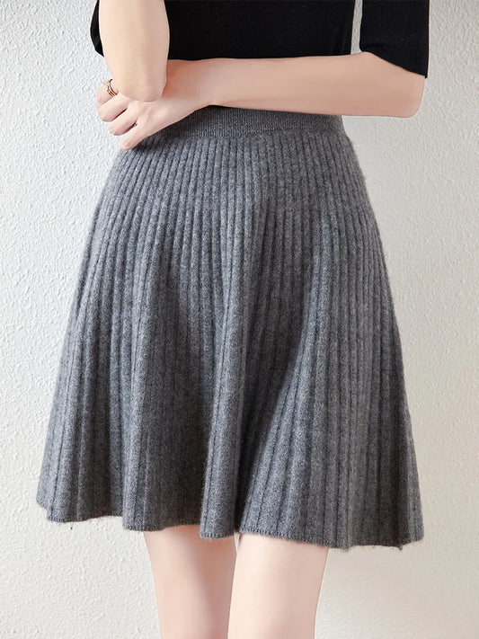 Women's Wave Short Skirt 100% Merino Wool Mini Skirts Autumn Winter Sweater Umbrella Skirt High Waist Stretch Sweet Knit Dresses