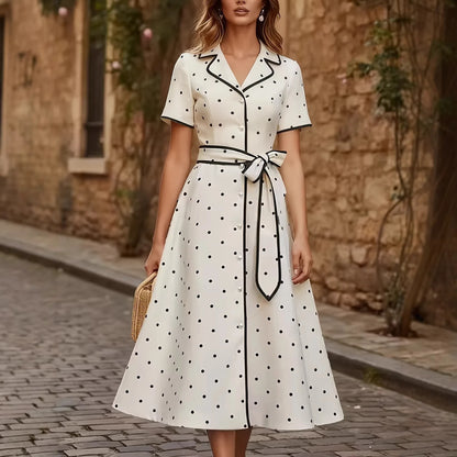 Vintage French Style Polka Dot V Neck Summer Dress Slim Waist Tie Belt Midi A-Line Flared Casual Outfit