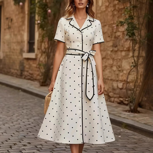 Vintage French Style Polka Dot V Neck Summer Dress Slim Waist Tie Belt Midi A-Line Flared Casual Outfit