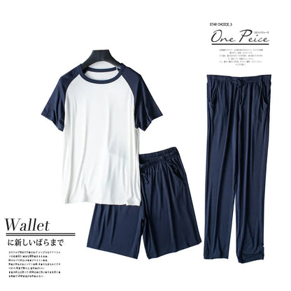 Spring and summer new modal men's pajamas three-piece short-sleeved + shorts + trousers plus size loose home service suit mens
