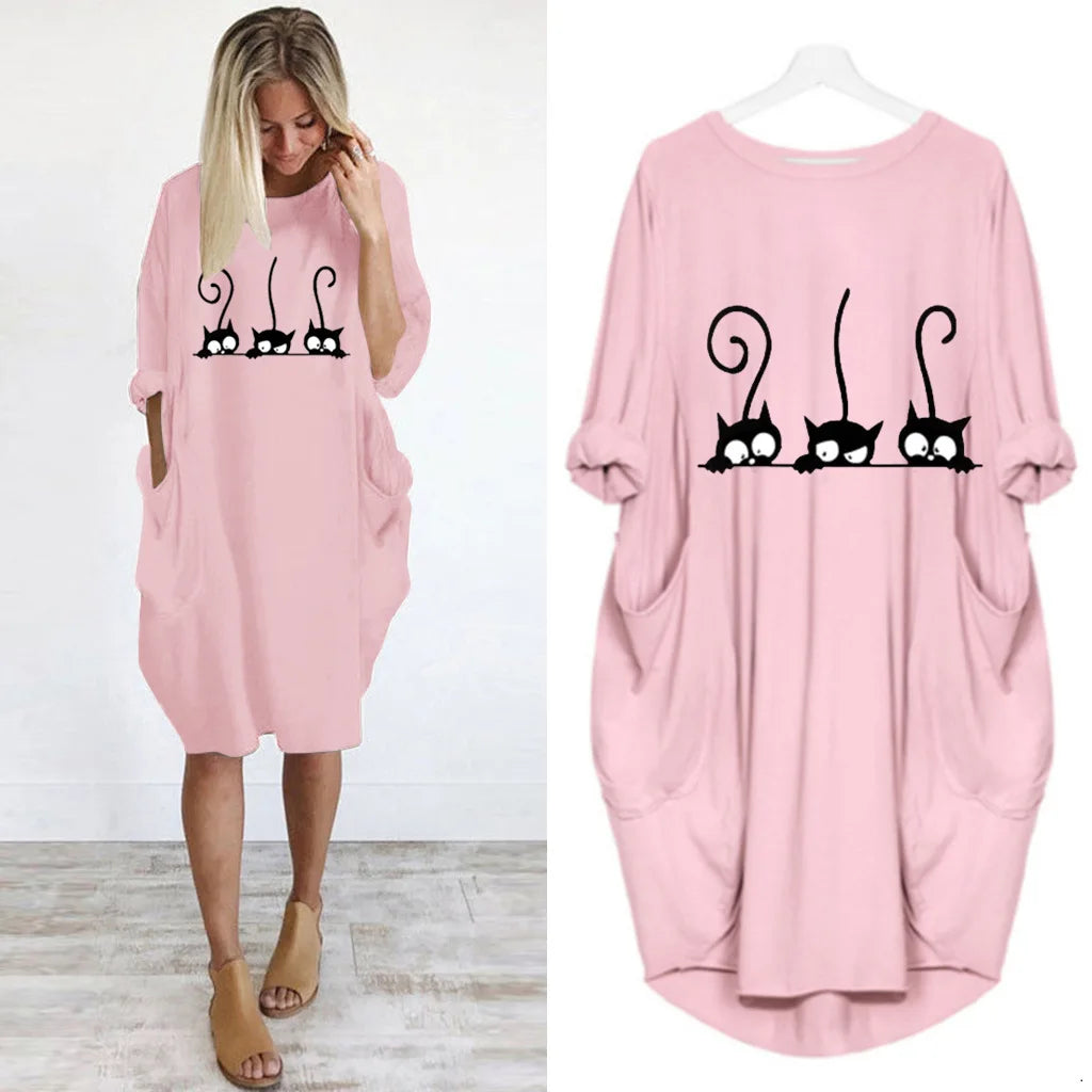 Women's Loose  Long Sleeved Summer Plus Size Dress Autumn  Winter Casual Round Neck Solid Color Long Sleeve Pocket Loose Pullove