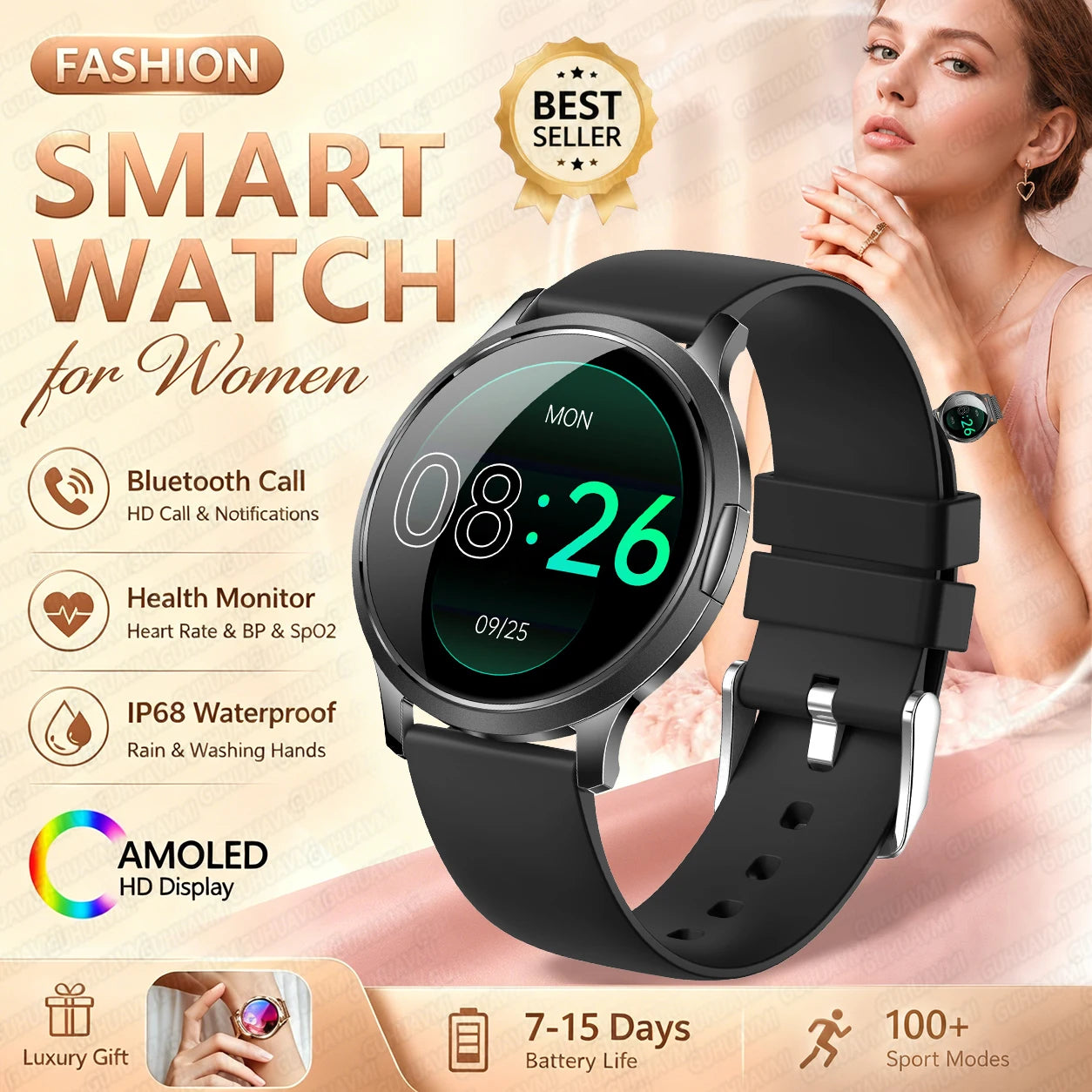 Fashion Women Smart Watch 1.32”AMOLED 100+dials Heart Rate Blood Oxygen Blood Pressure Monitoring Waterproof Give a Gift 2026New