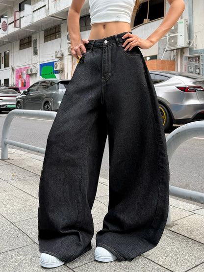 American Retro Tiger Flower Embroidered Black Loose Wide-Leg Jeans For Women, Street Hip-Hop Fashionable And Versatile Trousers