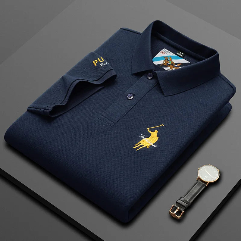 Luxury Embroidery Men's Polo Shirt Summer Thin Breathable 100%Cotton Black Navy Blue Lapel Short-Sleeved Tops Brand Clothing