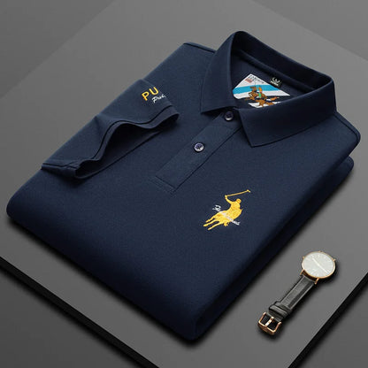 Luxury Embroidery Men's Polo Shirt Summer Thin Breathable 100%Cotton Black Navy Blue Lapel Short-Sleeved Tops Brand Clothing