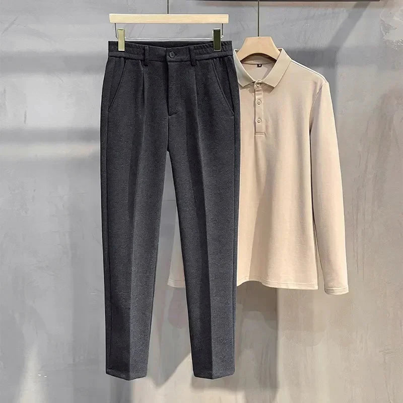 Autumn Winter New Men's Woolen Suit Pants Slim Straight Elastic Waist Formal Business Tapered Brown Trousers
