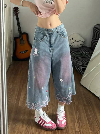 Summer Womens Oversized Jeans Elastic High Waist Cartoon Cat Embroidery Capri Pants Woman Denim Pants Wide Leg Girl Cute Jean