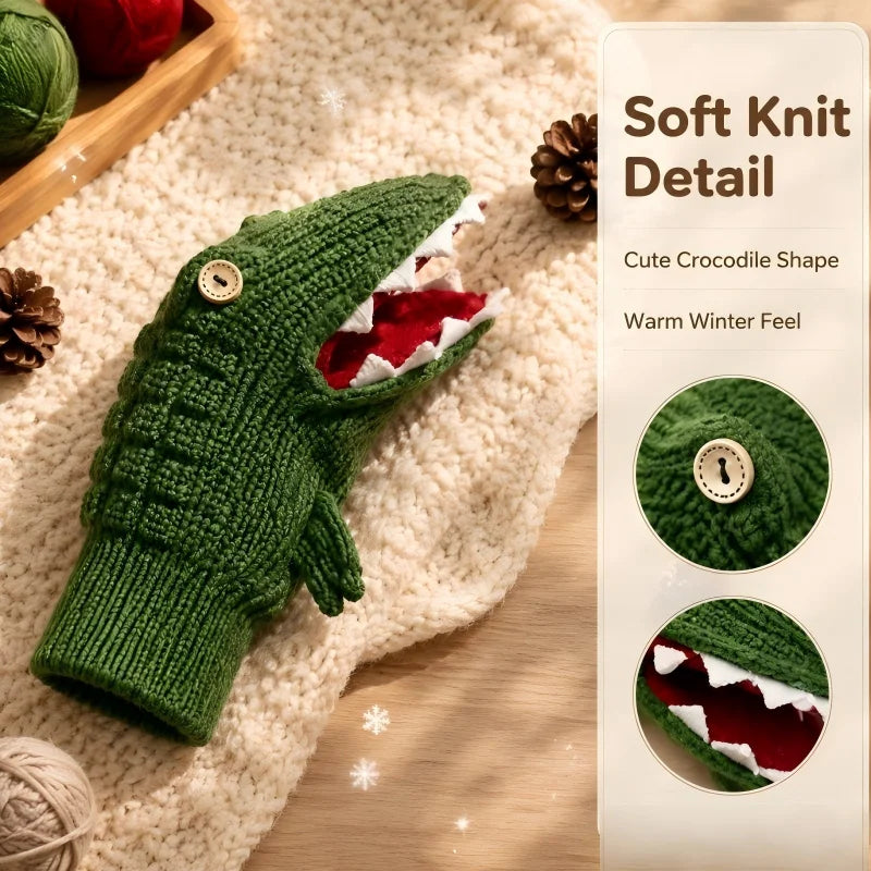 Cute Crocodile Knitted Mittens, Funny 3D Animal Design Warm Winter Full-Finger Gloves, Soft Knit Hand Warmers, Novelty Dress-up Gloves for Women Men, Perfect Christmas Holiday Gift Choice, Ideal for Daily Outdoor Cold Weather