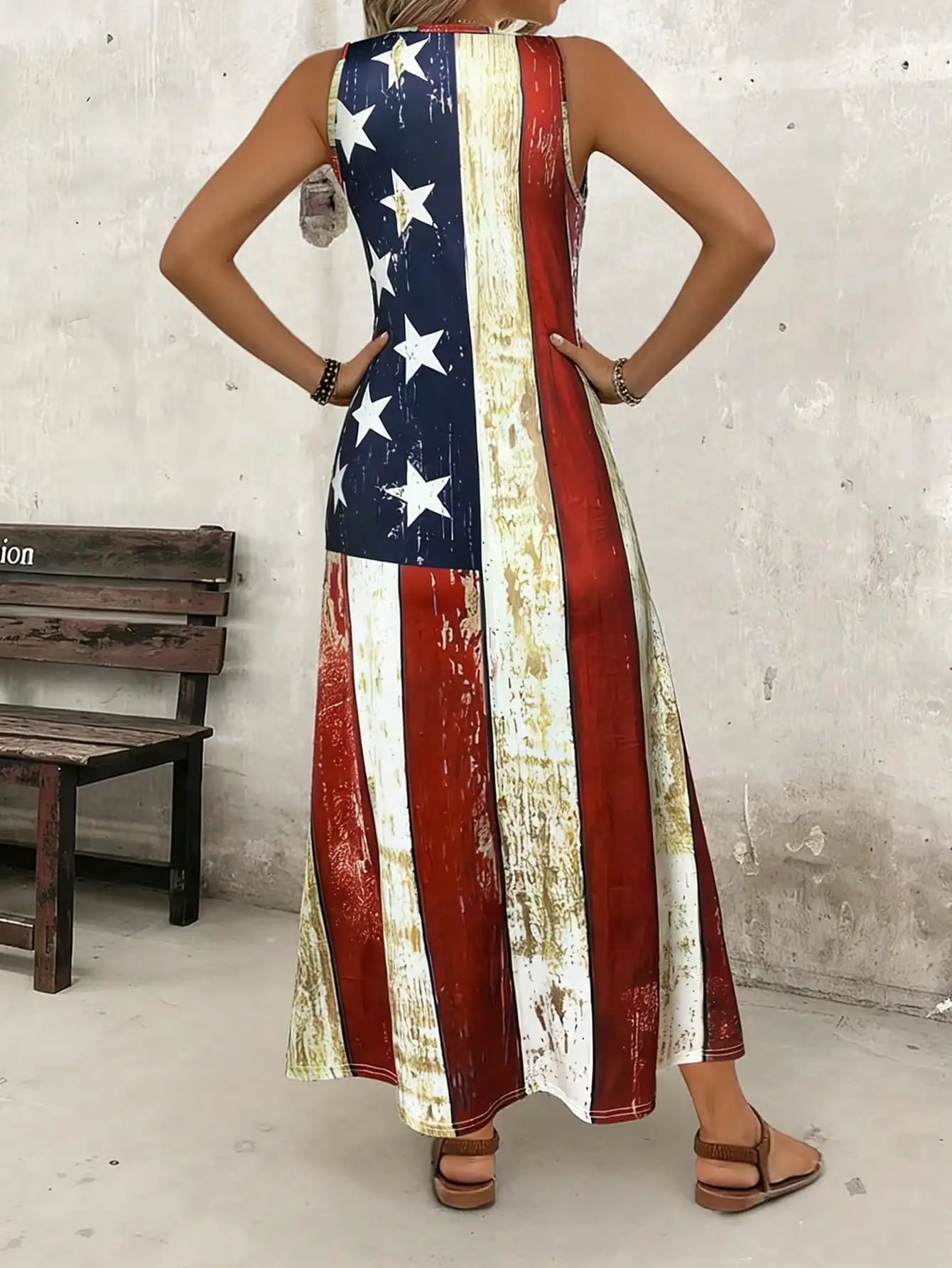 Women's Casual Long Tank Dress With American Flag Print- Round Neck Summer Sundress, Casual Vacation Outfit
